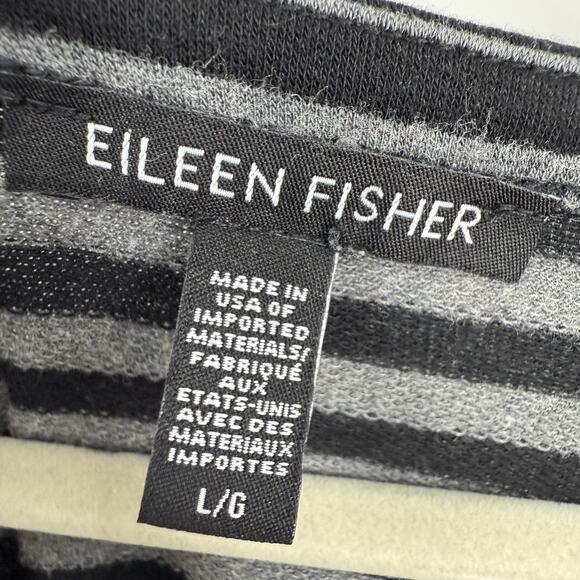 Eileen Fisher Large Boxy Striped Tunic Top Dolman Sleeve Black Gray Pullover - Picture 6 of 7